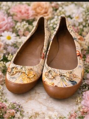 Gucci Floral print horsebit leather and canvas ballet flats 36.5/6.5